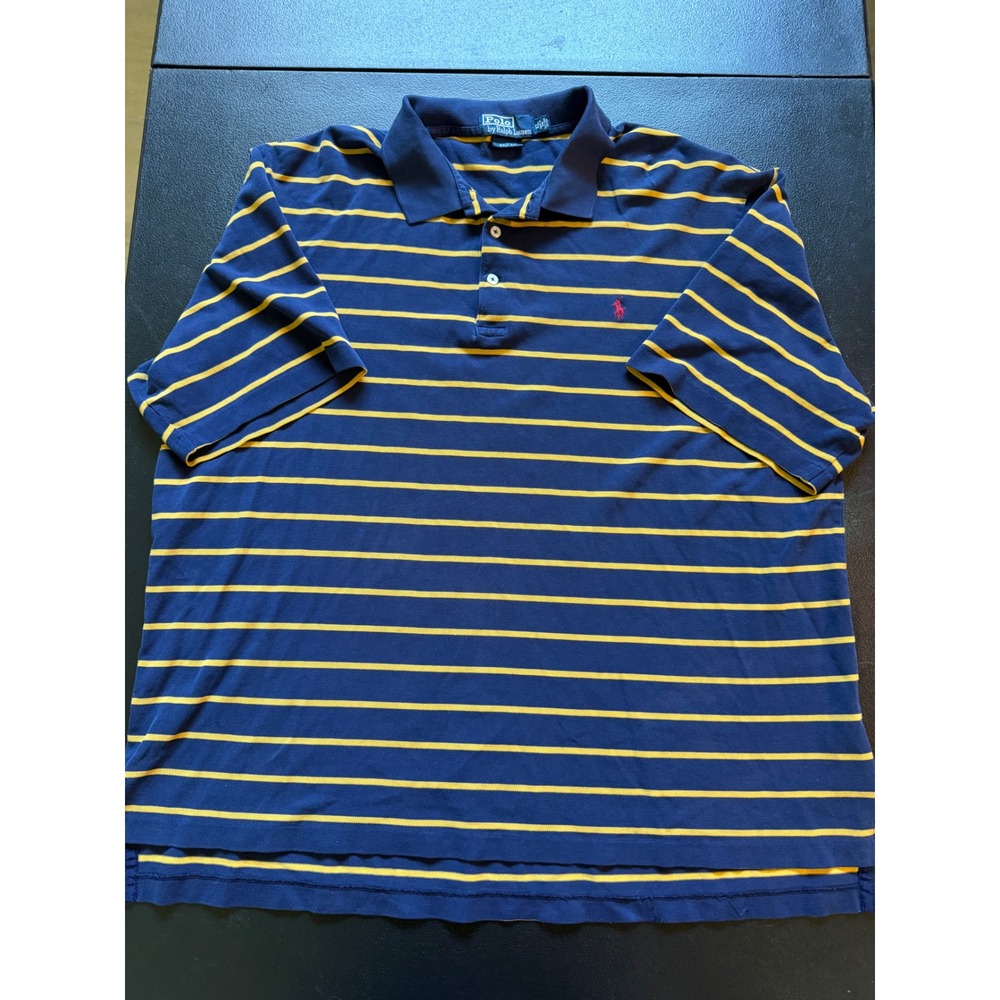 Polo Ralph Lauren Mens XL Golf Fit Blue Yellow Striped Fima Cotton Polo Shirt